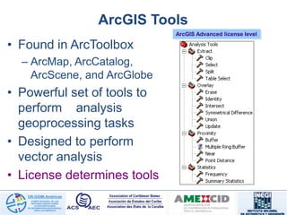 ArcGIS Tools
• Found in ArcToolbox
– ArcMap, ArcCatalog,
ArcScene, and ArcGlobe
• Powerful set of tools to
perform analysis
geoprocessing tasks
• Designed to perform
vector analysis
• License determines tools
ArcGIS Advanced license level
 