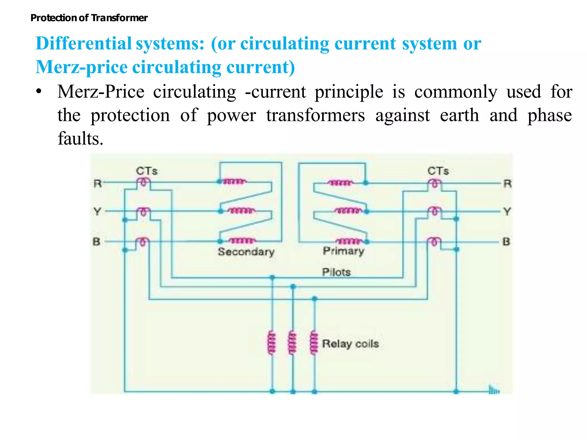 Differential systems: (or circulating current system or
Merz-price circulating current)
• Merz-Price circulating -current principle is commonly used for
the protection of power transformers against earth and phase
faults.
Protectionof Transformer
 