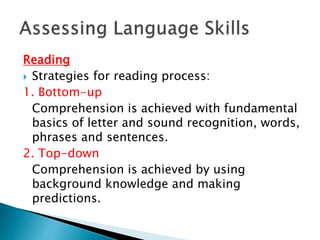 Reading 
 Strategies for reading process: 
1. Bottom-up 
Comprehension is achieved with fundamental 
basics of letter and sound recognition, words, 
phrases and sentences. 
2. Top-down 
Comprehension is achieved by using 
background knowledge and making 
predictions. 
 