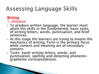 Writing 
1. Imitative 
 To produce written language, the learner must 
attain the skills in the fundamental, basic tasks 
of writing letters, words, punctuation, and brief 
sentences. 
 At this stage the learners are trying to master the 
mechanics of writing. Form is the primary focus 
while context and meaning are of secondary 
concern. 
 Tasks: hand-writing letters, words, and 
punctuation; spelling and detecting phoneme-grapheme 
correspondences. 
 