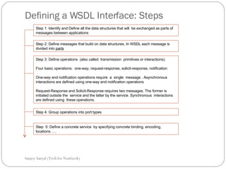 Defining a WSDL Interface: Steps Sanjoy Sanyal (Tech for NonGeek) Step 1: Identify and Define all the data structures that will  be exchanged as parts of messages between applications Step 2: Define messages that build on data structures. In WSDL each message is  divided into  parts Step 3: Define operations  (also called  transmission  primitives or interactions).  Four basic operations:  one-way, request-response, solicit-response, notification One-way and notification operations require  a  single  message . Asynchronous interactions are defined using one-way and notification operations Request-Response and Solicit-Response requires two messages. The former is initiated outside the  service and the latter by the service. Synchronous  interactions are defined using  these operations.  Step 4: Group operations into port types Step  5: Define a concrete service  by specifying concrete binding, encoding, locations …. 
