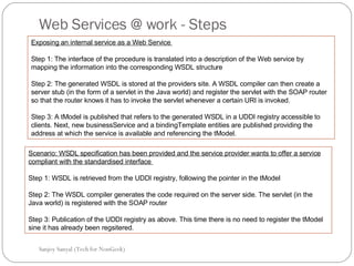Web Services @ work - Steps  Sanjoy Sanyal (Tech for NonGeek) Exposing an internal service as a Web Service  Step 1: The interface of the procedure is translated into a description of the Web service by mapping the information into the corresponding WSDL structure  Step 2: The generated WSDL is stored at the providers site. A WSDL compiler can then create a server stub (in the form of a servlet in the Java world) and register the servlet with the SOAP router so that the router knows it has to invoke the servlet whenever a certain URI is invoked.  Step 3: A tModel is published that refers to the generated WSDL in a UDDI registry accessible to clients. Next, new businessService and a bindingTemplate entities are published providing the address at which the service is available and referencing the tModel.  Scenario: WSDL specification has been provided and the service provider wants to offer a service compliant with the standardised interface  Step 1: WSDL is retrieved from the UDDI registry, following the pointer in the tModel  Step 2: The WSDL compiler generates the code required on the server side. The servlet (in the Java world) is registered with the SOAP router  Step 3: Publication of the UDDI registry as above. This time there is no need to register the tModel sine it has already been regsitered.  