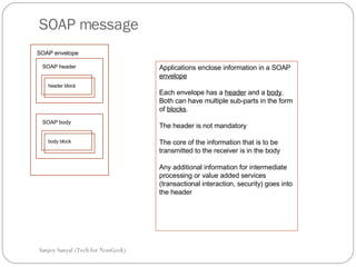 SOAP message  Sanjoy Sanyal (Tech for NonGeek) SOAP envelope SOAP header header block SOAP body body block Applications enclose information in a SOAP  envelope   Each envelope has a  header  and a  body . Both can have multiple sub-parts in the form of  blocks .  The header is not mandatory  The core of the information that is to be transmitted to the receiver is in the body Any additional information for intermediate processing or value added services (transactional interaction, security) goes into the header 