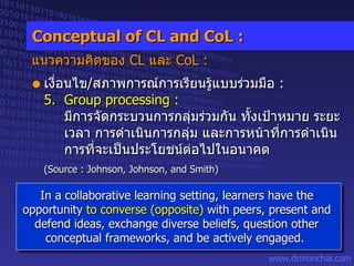 Conceptual of CL and CoL : แนวความคิดของ  CL  และ  CoL   : เงื่อนไข / สภาพการณ์การเรียนรู้แบบร่วมมือ  : 5. Group processing :  มีการจัดกระบวนการกลุ่มร่วมกัน ทั้งเป้าหมาย ระยะ เวลา การดำเนินการกลุ่ม และการหน้าที่การดำเนิน  การที่จะเป็นประโยชน์ต่อไปในอนาคต (Source : Johnson, Johnson, and Smith) In a collaborative learning setting, learners have the opportunity  to converse (opposite)  with peers, present and defend ideas, exchange diverse beliefs, question other conceptual frameworks, and be actively engaged.  
