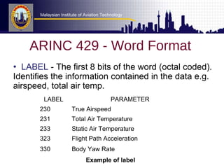 Malaysian Institute of Aviation Technology 
Malaysian Institute of Aviation Technology 
ARINC 429 - Word Format 
• LABEL - The first 8 bits of the word (octal coded). 
Identifies the information contained in the data e.g. 
airspeed, total air temp. 
LABEL PARAMETER 
230 True Airspeed 
231 Total Air Temperature 
233 Static Air Temperature 
323 Flight Path Acceleration 
330 Body Yaw Rate 
Revision 00 Issue 01 Module 5.4 
Example of label 
 