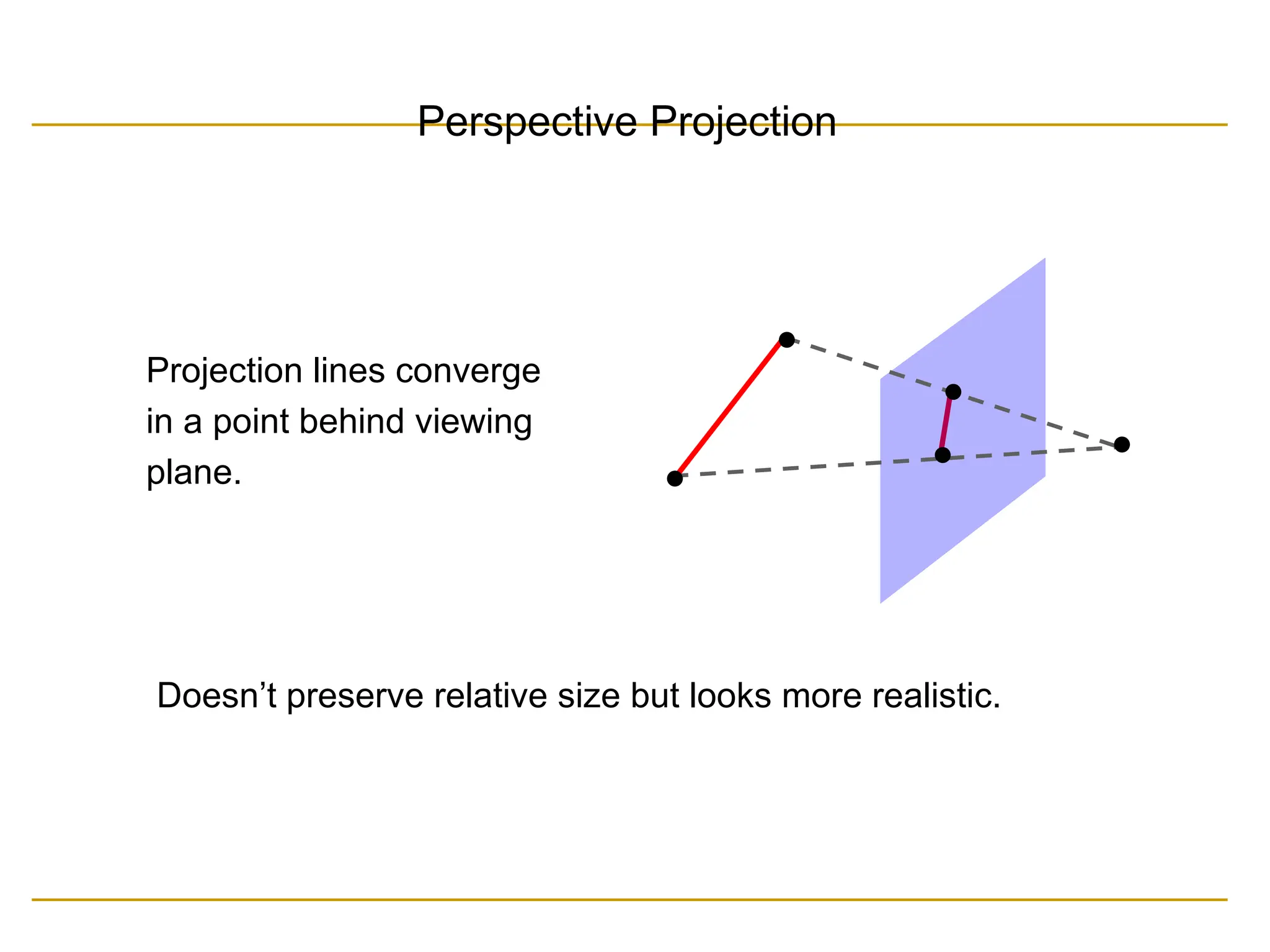 Perspective Projection
Projection lines converge
in a point behind viewing
plane.
Doesn’t preserve relative size but looks more realistic.
 