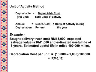Reducing Balance MethodThe amount of depreciation is reduced every yearsDepreciation   = 	 1 – n r/c 			n = estimated useful life		r = salvage value		c = cost of asset   Example :  Van is bought at cost RM33,000, with salvage value RM3,000 and useful life of 4 years	Depreciation  =  1 – 4 3,000/33,000			  = 45%