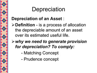 DepreciationDepreciation of an Asset :Definition - is a process of allocation the depreciable amount of an asset over its estimated useful life.