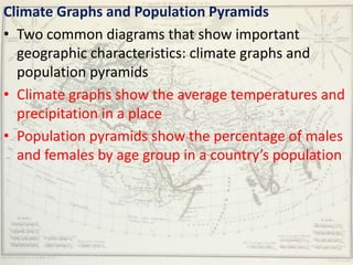 Climate Graphs and Population Pyramids
• Two common diagrams that show important
  geographic characteristics: climate graphs and
  population pyramids
• Climate graphs show the average temperatures and
  precipitation in a place
• Population pyramids show the percentage of males
  and females by age group in a country’s population
 