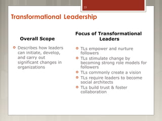 23

Transformational Leadership
Overall Scope


Describes how leaders
can initiate, develop,
and carry out
significant changes in
organizations

Focus of Transformational
Leaders







TLs empower and nurture
followers
TLs stimulate change by
becoming strong role models for
followers
TLs commonly create a vision
TLs require leaders to become
social architects
TLs build trust & foster
collaboration

 