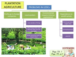PLANTATION
AGRICULTURE PROBLEMS IN LEDCs
Profits go to foreign
companies
Local workers
Low standar of living
Must leave their land
because they can not
compete
Some countries must to
import food
Environmental
impacts (intense
exploitation)
Dependence on
world’s prices
If prices go down,
wages drop
Unemployement
poverty
Page 73. 1
Page 79 ex.1
 