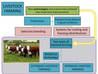 New technologies and science had achieved
two important improvements:
Selective breeding
Systems for cooling and
freezing (distribution)
Productivity
Transport long distance
in good conditions
LIVESTOCK
FARMING
Two types of
livestock farming
EXTENSIVE LIVESTOCK
FARMING
INTENSIVE LIVESTOCK
FARMING
Related to
technology
 