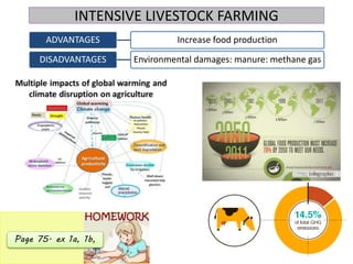 ADVANTAGES Increase food production
DISADVANTAGES Environmental damages: manure: methane gas
INTENSIVE LIVESTOCK FARMING
Page 75. ex 1a, 1b,
 