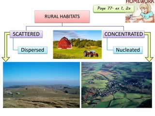 RURAL HABITATS
SCATTERED
Dispersed
CONCENTRATED
Nucleated
Page 77. ex 1, 2aPage 77. ex 1, 2a
 