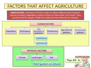 FACTORS THAT AFFECT AGRICULTURE
HUMAN FACTORS
Population Techniques
Final
destination of
production
subsistence
commercial
Globalization
Agricultural
policies
Environmental
policies
PHYSICAL FACTORS
Climate Landscape:
Relief (gradient and altitude)
Soil
AGRICULTURE: cultivation of land in order to obtain different kind of plants:
grasses (cereals); vegetables, bushes (vines); or trees (olive, fruit trees). They
provide food for people, fodder for cattle and raw materials for industry.
Page 69. 1a
 