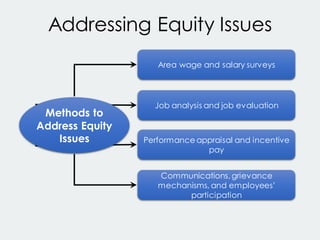 Addressing Equity Issues
Area wage and salary surveys
Job analysis and job evaluation
Performance appraisal and incentive
pay
Communications,grievance
mechanisms, and employees’
participation
Methods to
Address Equity
Issues
 