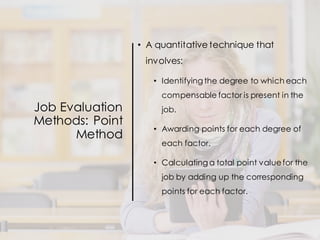 Job Evaluation
Methods: Point
Method
• A quantitative technique that
involves:
• Identifying the degree to which each
compensable factor is present in the
job.
• Awarding points for each degree of
each factor.
• Calculating a total point valuefor the
job by adding up the corresponding
points for each factor.
 