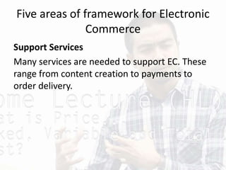Five areas of framework for Electronic
Commerce
Support Services
Many services are needed to support EC. These
range from content creation to payments to
order delivery.
 
