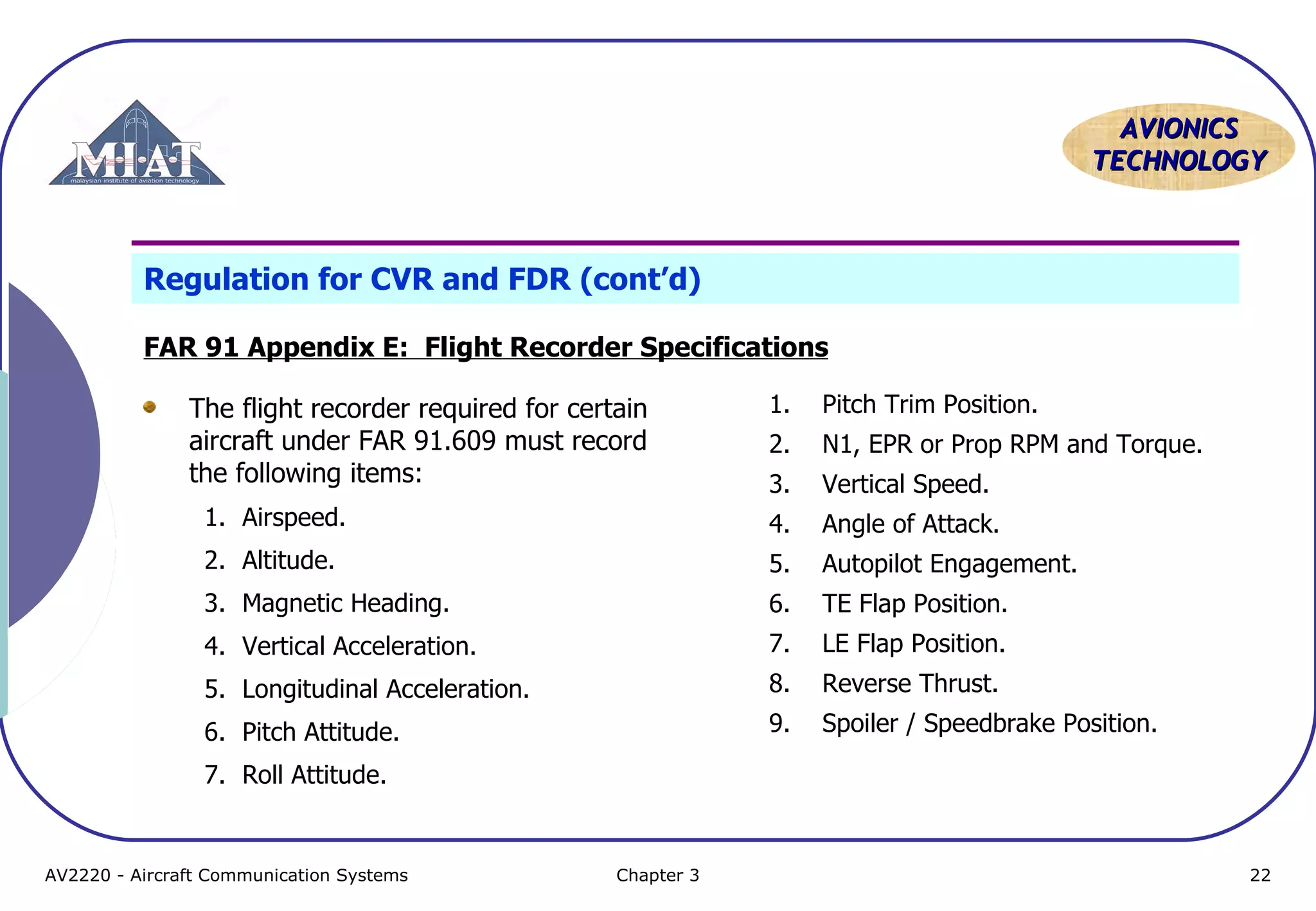 AVIONICS
TECHNOLOGY

Regulation for CVR and FDR (cont’d)
FAR 91 Appendix E: Flight Recorder Specifications
1.

Pitch Trim Position.

2.

N1, EPR or Prop RPM and Torque.

3.

Vertical Speed.

1. Airspeed.

4.

Angle of Attack.

2. Altitude.

5.

Autopilot Engagement.

3. Magnetic Heading.

6.

TE Flap Position.

4. Vertical Acceleration.

7.

LE Flap Position.

5. Longitudinal Acceleration.

8.

Reverse Thrust.

6. Pitch Attitude.

9.

Spoiler / Speedbrake Position.

The flight recorder required for certain
aircraft under FAR 91.609 must record
the following items:

7. Roll Attitude.

AV2220 - Aircraft Communication Systems

Chapter 3

22

 