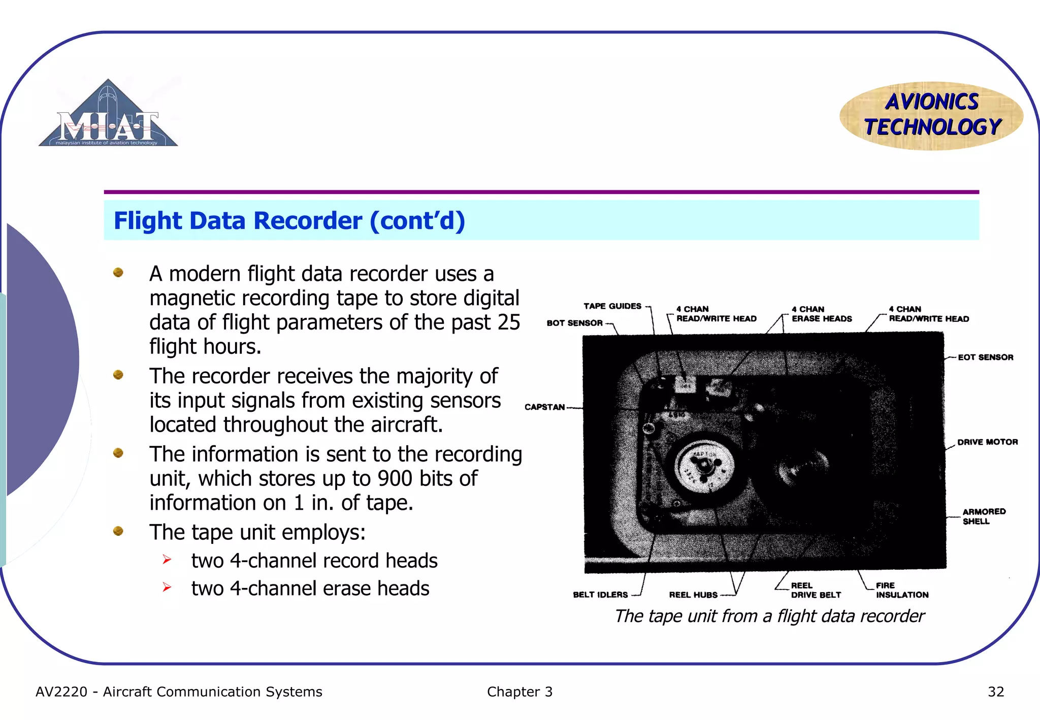 AVIONICS
TECHNOLOGY

Flight Data Recorder (cont’d)
A modern flight data recorder uses a
magnetic recording tape to store digital
data of flight parameters of the past 25
flight hours.
The recorder receives the majority of
its input signals from existing sensors
located throughout the aircraft.
The information is sent to the recording
unit, which stores up to 900 bits of
information on 1 in. of tape.
The tape unit employs:



two 4-channel record heads
two 4-channel erase heads
The tape unit from a flight data recorder

AV2220 - Aircraft Communication Systems

Chapter 3

32

 
