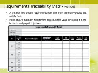 Requirements Traceability Matrix (Outputs)
• A grid that links product requirements from their origin to the deliverables that
satisfy them;
• Helps ensure that each requirement adds business value by linking it to the
business and project objectives.
21
 