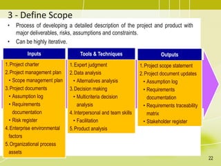 3 - Define Scope
• Process of developing a detailed description of the project and product with
major deliverables, risks, assumptions and constraints.
• Can be highly iterative.
Inputs
1.Project charter
2.Project management plan
• Scope management plan
3.Project documents
• Assumption log
• Requirements
documentation
• Risk register
4.Enterprise environmental
factors
5.Organizational process
assets
Tools & Techniques
1.Expert judgment
2.Data analysis
• Alternatives analysis
3.Decision making
• Multicriteria decision
analysis
4.Interpersonal and team skills
• Facilitation
5.Product analysis
Outputs
1.Project scope statement
2.Project document updates
• Assumption log
• Requirements
documentation
• Requirements traceability
matrix
• Stakeholder register
22
 