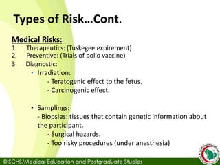 Types of Risk…Cont.
Medical Risks:
1. Therapeutics: (Tuskegee expirement)
2. Preventive: (Trials of polio vaccine)
3. Diagnostic:
• Irradiation:
- Teratogenic effect to the fetus.
- Carcinogenic effect.
• Samplings:
- Biopsies: tissues that contain genetic information about
the participant.
- Surgical hazards.
- Too risky procedures (under anesthesia)
 