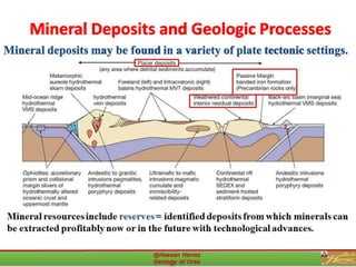 Mineral Deposits and Geologic Processes
Mineral deposits may be found in a variety of plate tectonic settings.
17
 