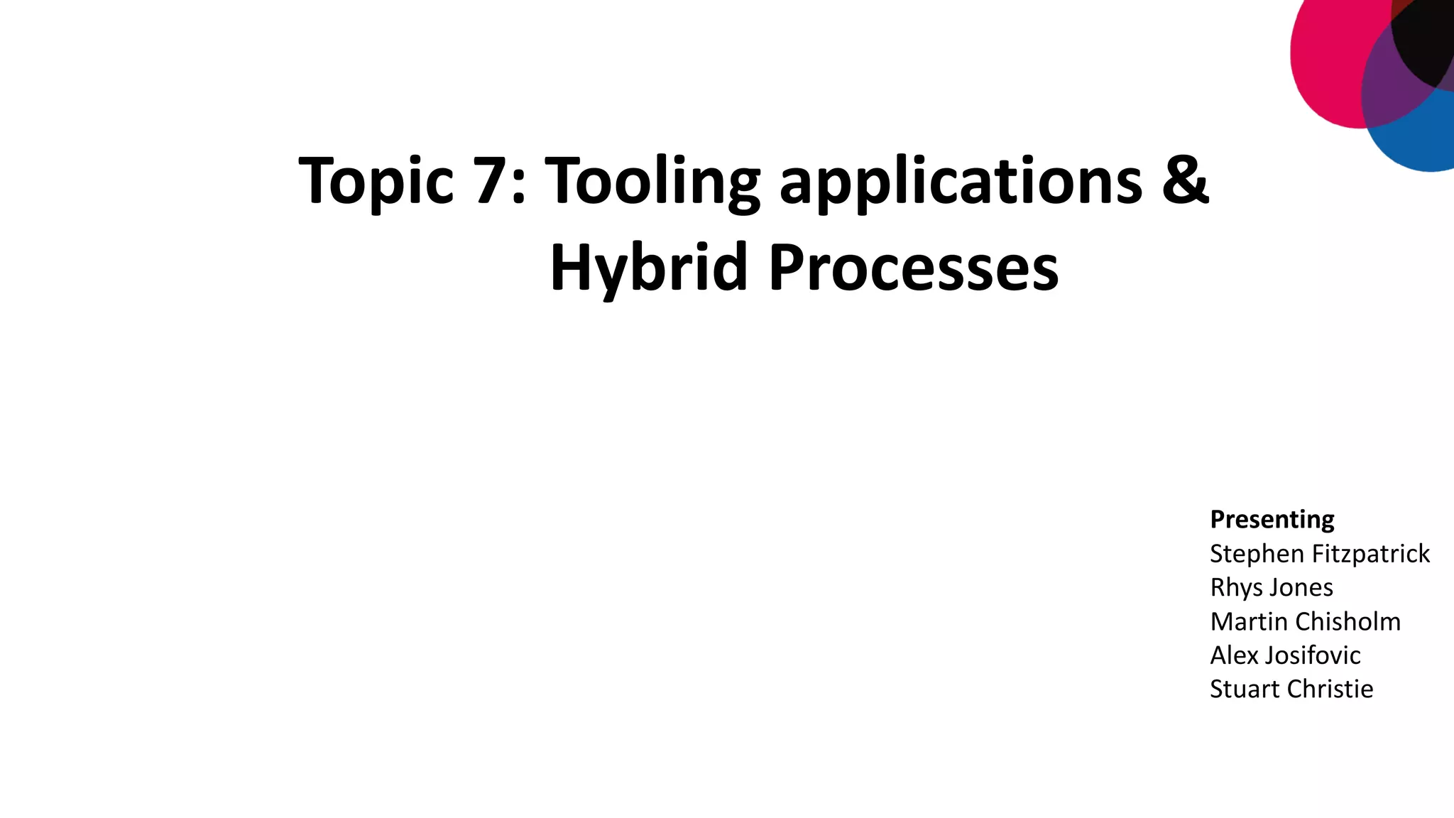 Topic	
  7:	
  Tooling	
  applications	
  &
Hybrid	
  Processes	
  
Presenting
Stephen	
  Fitzpatrick
Rhys	
  Jones
Martin	
  Chisholm
Alex	
  Josifovic
Stuart	
  Christie
 