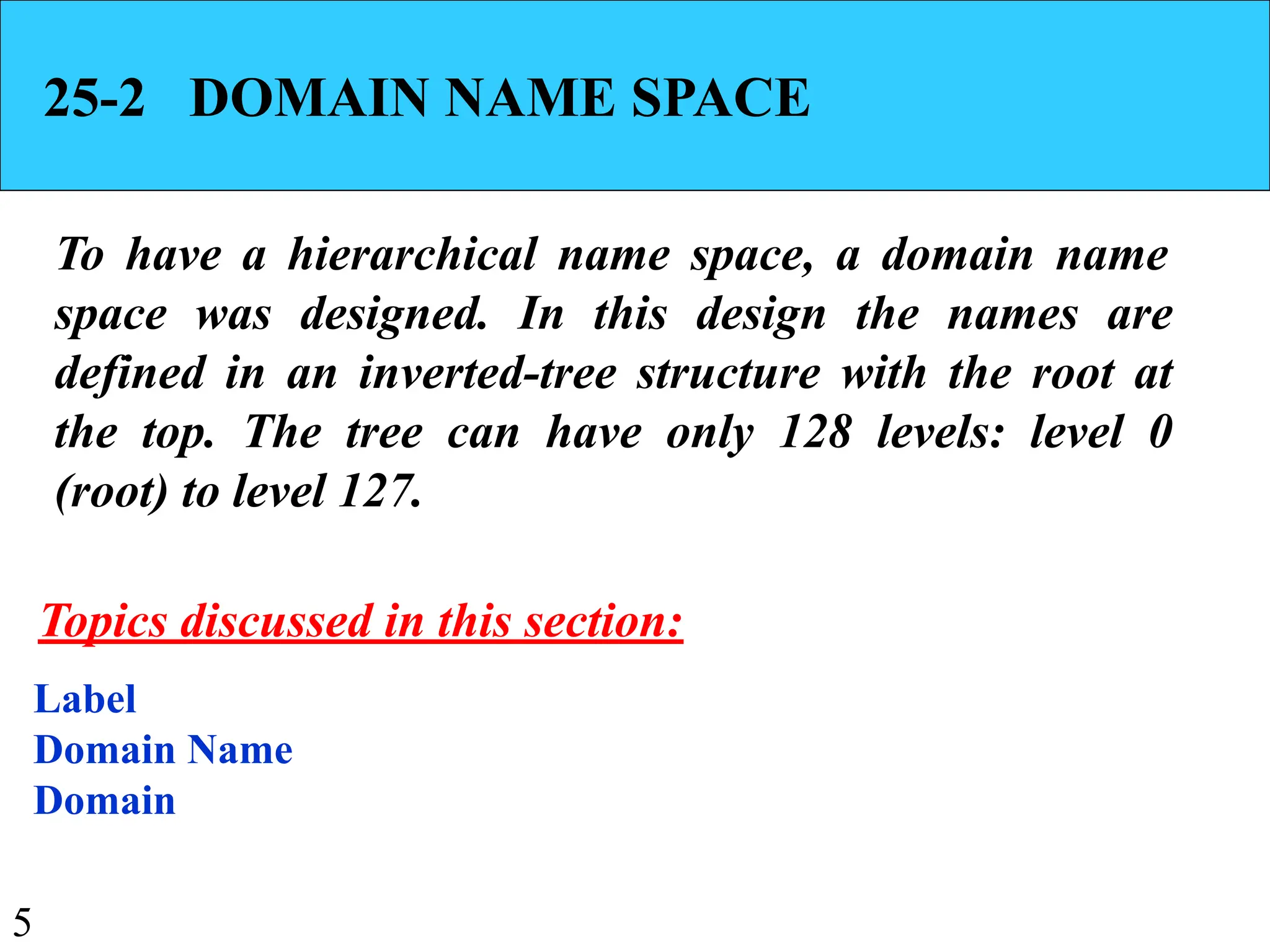 5
25-2 DOMAIN NAME SPACE
To have a hierarchical name space, a domain name
space was designed. In this design the names are
defined in an inverted-tree structure with the root at
the top. The tree can have only 128 levels: level 0
(root) to level 127.
Label
Domain Name
Domain
Topics discussed in this section:
 