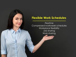 Flexible Work Schedules
Flextime
Compressed workweek schedules
Workplace flexibility
Job sharing
Work sharing
 