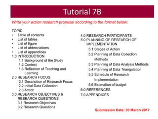 Tutorial 7B
TOPIC
• Table of contents
• List of tables
• List of figure
• List of abbreviations
• List of appendices
1.0 INTRODUCTION
1.1 Background of the Study
1.2 Context
1.3 Reflection of Teaching and
Learning
2.0 RESEARCH FOCUS
2.1 Description of Research Focus
2.2 Initial Data Collection
2.3 Action
3.0 RESEARCH OBJECTIVES &
RESEARCH QUESTIONS
3.1 Research Objectives
3.2 Research Questions
4.0 RESEARCH PARTICIPANTS
5.0 PLANNING OF RESEARCH OF
IMPLEMENTATION
5.1 Stages of Action
5.2 Planning of Data Collection
Methods
5.3 Planning of Data Analysis Methods
5.4 Planning of Data Triangulation
5.5 Schedule of Research
Implementation
5.6 Estimation of budget
6.0 REFERENCES
7.0 APPENDICES
Submission Date: 30 March 2017
Write your action research proposal according to the format below:
 