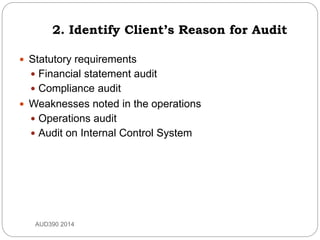 2. Identify Client’s Reason for Audit
 Statutory requirements
 Financial statement audit
 Compliance audit
 Weaknesses noted in the operations
 Operations audit
 Audit on Internal Control System
AUD390 2014
 