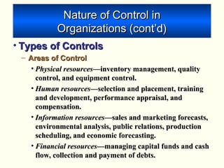 Nature of Control inNature of Control in
Organizations (cont’d)Organizations (cont’d)
• Types of ControlsTypes of Controls
– Areas of ControlAreas of Control
• Physical resourcesPhysical resources—inventory management, quality—inventory management, quality
control, and equipment control.control, and equipment control.
• Human resourcesHuman resources—selection and placement, training—selection and placement, training
and development, performance appraisal, andand development, performance appraisal, and
compensation.compensation.
• Information resourcesInformation resources—sales and marketing forecasts,—sales and marketing forecasts,
environmental analysis, public relations, productionenvironmental analysis, public relations, production
scheduling, and economic forecasting.scheduling, and economic forecasting.
• Financial resourcesFinancial resources—managing capital funds and cash—managing capital funds and cash
flow, collection and payment of debts.flow, collection and payment of debts.
 
