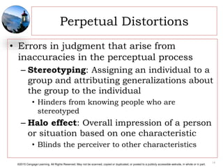 ©2015 Cengage Learning. All Rights Reserved. May not be scanned, copied or duplicated, or posted to a publicly accessible website, in whole or in part.
Perpetual Distortions
• Errors in judgment that arise from
inaccuracies in the perceptual process
– Stereotyping: Assigning an individual to a
group and attributing generalizations about
the group to the individual
• Hinders from knowing people who are
stereotyped
– Halo effect: Overall impression of a person
or situation based on one characteristic
• Blinds the perceiver to other characteristics
14
 