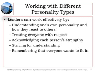 ©2015 Cengage Learning. All Rights Reserved. May not be scanned, copied or duplicated, or posted to a publicly accessible website, in whole or in part.
Working with Different
Personality Types
• Leaders can work effectively by:
– Understanding one’s own personality and
how they react to others
– Treating everyone with respect
– Acknowledging each person’s strengths
– Striving for understanding
– Remembering that everyone wants to fit in
18
 
