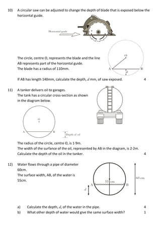 10) A circular saw can be adjusted to change the depth of blade that is exposed below the
horizontal guide.
The circle, centre O, represents the blade and the line
AB represents part of the horizontal guide.
The blade has a radius of 110mm.
If AB has length 140mm, calculate the depth, d mm, of saw exposed. 4
11) A tanker delivers oil to garages.
The tank has a circular cross-section as shown
in the diagram below.
The radius of the circle, centre O, is 1·9m.
The width of the surfance of the oil, represented by AB in the diagram, is 2·2m.
Calculate the depth of the oil in the tanker. 4
12) Water flows through a pipe of diameter
60cm.
The surface width, AB, of the water is
55cm.
a) Calculate the depth, d, of the water in the pipe. 4
b) What other depth of water would give the same surface width? 1
 