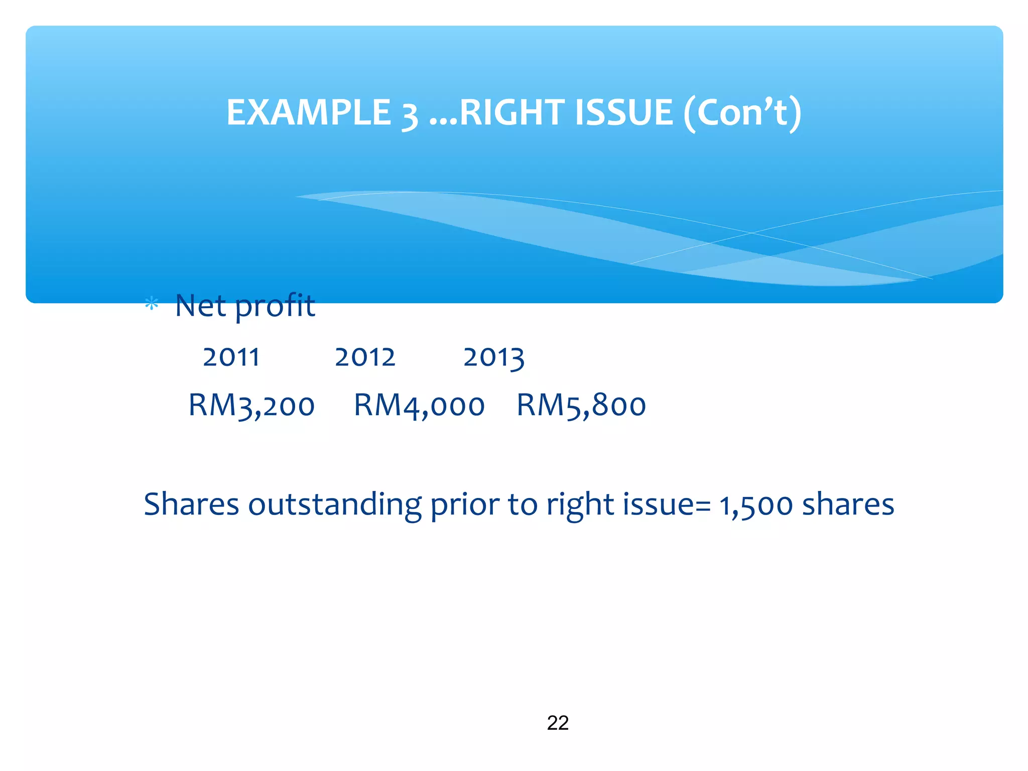 ∗ Net profit
2011 2012 2013
RM3,200 RM4,000 RM5,800
Shares outstanding prior to right issue= 1,500 shares
22
EXAMPLE 3 ...RIGHT ISSUE (Con’t)
 