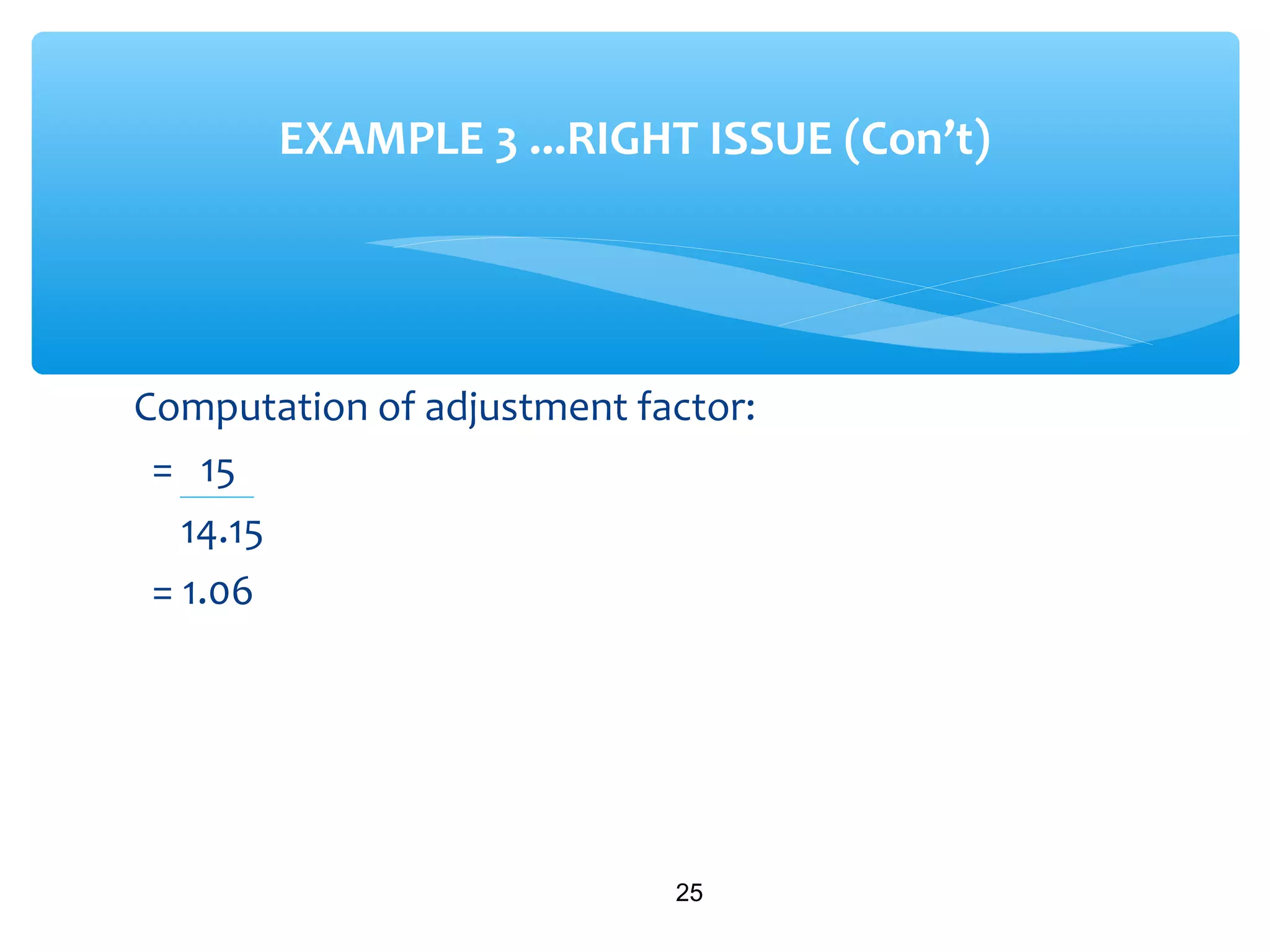 Computation of adjustment factor:
= 15
14.15
= 1.06
25
EXAMPLE 3 ...RIGHT ISSUE (Con’t)
 