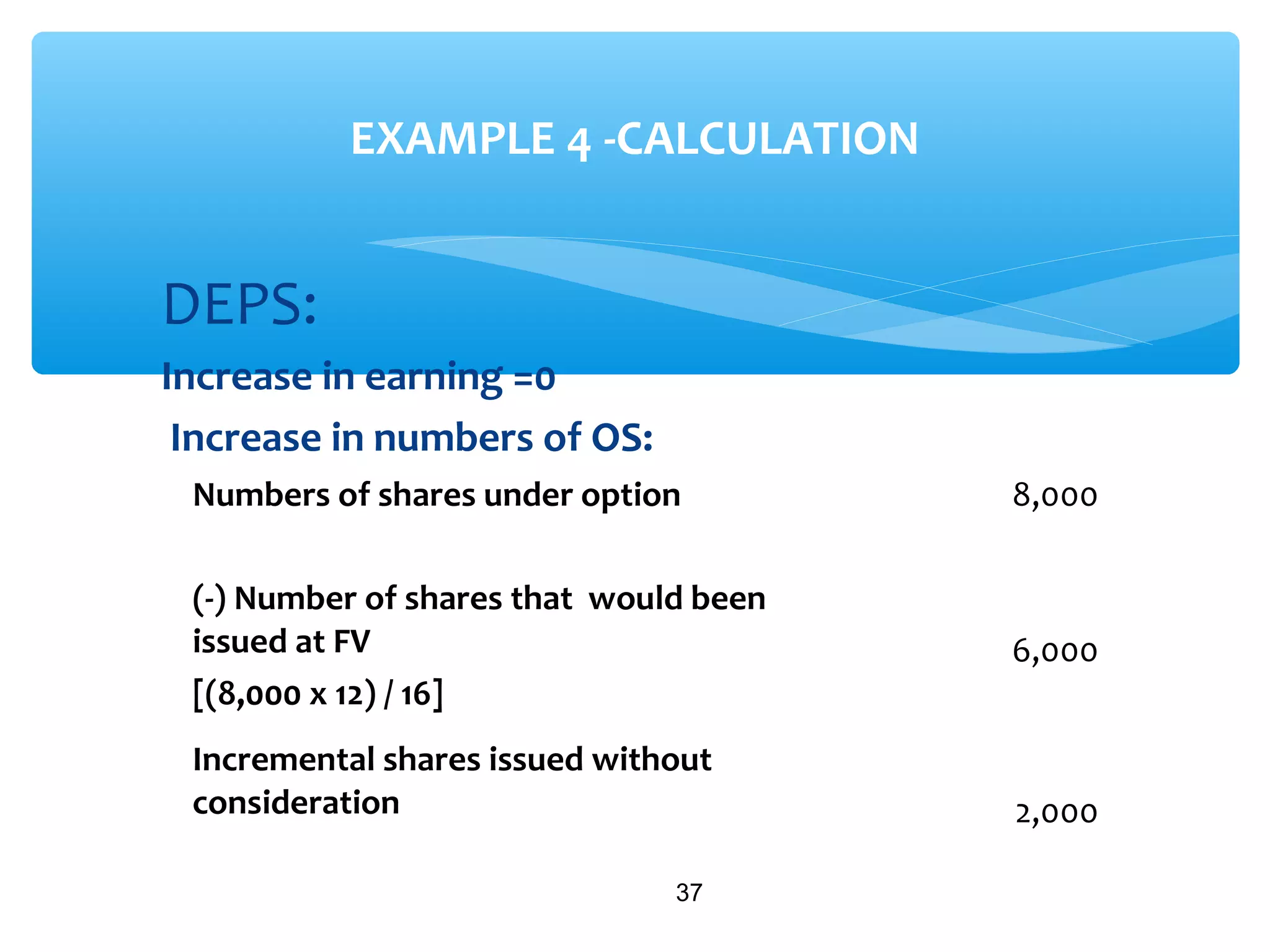 DEPS:
Increase in earning =0
Increase in numbers of OS:
37
EXAMPLE 4 -CALCULATION
Numbers of shares under option 8,000
(-) Number of shares that would been
issued at FV
[(8,000 x 12) / 16]
6,000
Incremental shares issued without
consideration 2,000
 