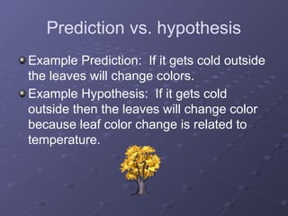 Prediction vs. hypothesis
Example Prediction: If it gets cold outside
the leaves will change colors.
Example Hypothesis: If it gets cold
outside then the leaves will change color
because leaf color change is related to
temperature.
 