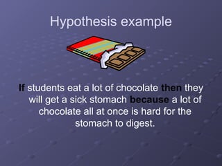 Hypothesis example
If students eat a lot of chocolate then they
will get a sick stomach because a lot of
chocolate all at once is hard for the
stomach to digest.
 
