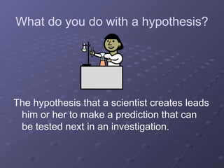 What do you do with a hypothesis?
The hypothesis that a scientist creates leads
him or her to make a prediction that can
be tested next in an investigation.
 