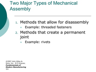 ©2007 John Wiley &
Sons, Inc. M P Groover,
Fundamentals of
Modern Manufacturing
3/e
Two Major Types of Mechanical
Assembly
1. Methods that allow for disassembly
 Example: threaded fasteners
2. Methods that create a permanent
joint
 Example: rivets
 