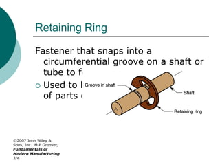 ©2007 John Wiley &
Sons, Inc. M P Groover,
Fundamentals of
Modern Manufacturing
3/e
Retaining Ring
Fastener that snaps into a
circumferential groove on a shaft or
tube to form a shoulder
 Used to locate or restrict movement
of parts on a shaft
 