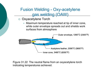  Oxyacetylene Torch
 Maximum temperature reached at tip of inner cone,
while outer envelope spreads out and shields work
surfaces from atmosphere
Figure 31.22 The neutral flame from an oxyacetylene torch
indicating temperatures achieved.
Fusion Welding - Oxy-acetylene
gas welding (OAW)
 