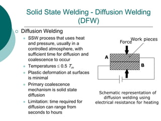 Solid State Welding - Diffusion Welding
(DFW)
 Diffusion Welding
 SSW process that uses heat
and pressure, usually in a
controlled atmosphere, with
sufficient time for diffusion and
coalescence to occur
 Temperatures  0.5 Tm
 Plastic deformation at surfaces
is minimal
 Primary coalescence
mechanism is solid state
diffusion
 Limitation: time required for
diffusion can range from
seconds to hours
Work pieces
Schematic representation of
diffusion welding using
electrical resistance for heating
A
B
Force
 
