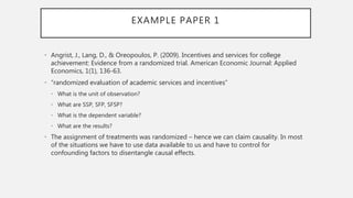 EXAMPLE PAPER 1
• Angrist, J., Lang, D., & Oreopoulos, P. (2009). Incentives and services for college
achievement: Evidence from a randomized trial. American Economic Journal: Applied
Economics, 1(1), 136-63.
• “randomized evaluation of academic services and incentives”
• What is the unit of observation?
• What are SSP, SFP, SFSP?
• What is the dependent variable?
• What are the results?
• The assignment of treatments was randomized – hence we can claim causality. In most
of the situations we have to use data available to us and have to control for
confounding factors to disentangle causal effects.
 