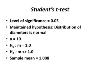 Student’s t-test
• Level of significance = 0.05
• Maintained hypothesis: Distribution of
  diameters is normal
• n = 10
• H0 : m = 1.0
• HA : m <> 1.0
• Sample mean = 1.008
 