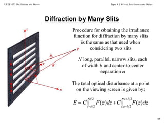 Topic 4.1 Waves, Interference and Optics
105
UEEP1033 Oscillations and Waves
Diffraction by Many Slits
Procedure for obtaining the irradiance
function for diffraction by many slits
is the same as that used when
considering two slits
N long, parallel, narrow slits, each
of width b and center-to-center
separation a
The total optical disturbance at a point
on the viewing screen is given by:




2
2
2
2
)()(
ba
ba
b
b
dzzFCdzzFCE
 